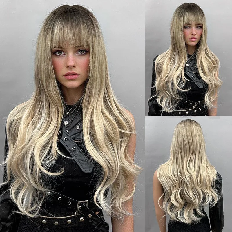 

European and American new big wave wig women with bangs black gradual change gold long curly hair chemical fiber, full headgear