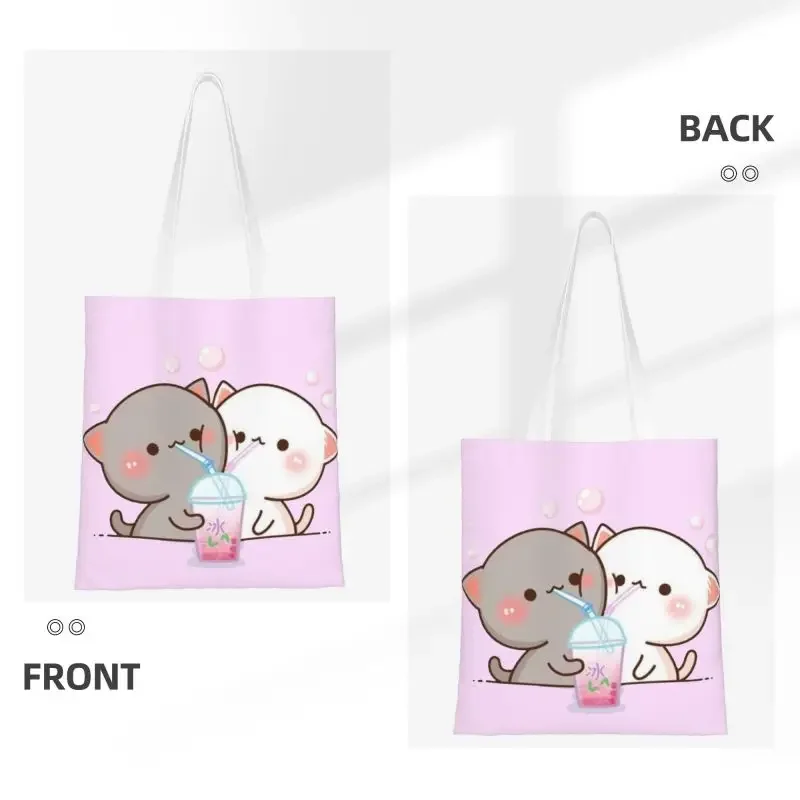 Custom Couple Mochi Cat Peach And Goma Shopping Canvas Bag Women Reusable Groceries Tote Shopper Bags