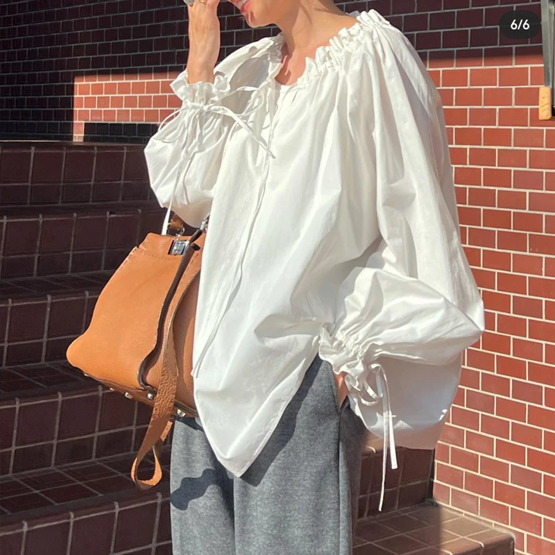 

Johnature New Japanese Solid Color Fashion Simple Blouses 2024 Spring Summer Loose Casual Vintage Pleated Drawstring ShirtsTop