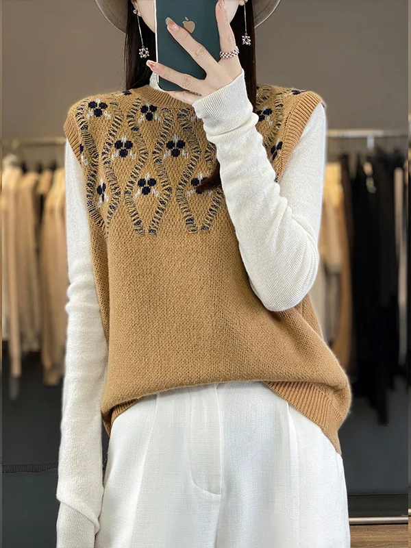 

Моющийся осенне-зимний шерстяной жилет, круглый Ne Svel, внутренняя одежда, многослойная одежда, маленький цветочный дизайн, поездка на работу