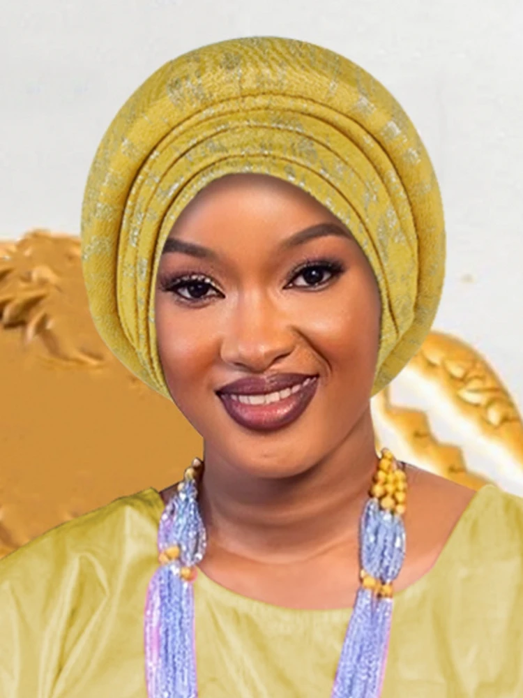 

Glitter Full Body Pleated Turban Cap for Women 2025 Lady Head Wraps Muslim Headscarf Hat Turbante Mujer African Headpiece
