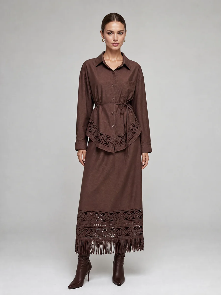 Conjunto de 2 Piezas LIMO Boho con Encaje y Recortes para Mujer, Camisa con Cinturón y Falda con Flecos, Atuendo Casual de Manga Larga para Vacaciones
