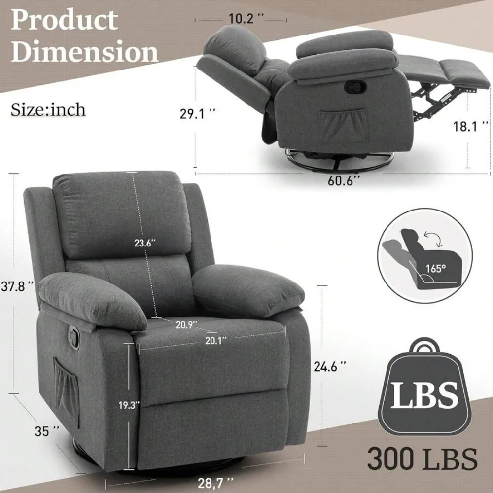 Recliner Chair 360 Swivel Rocker for Adults Small Space Upholstered Fabric Glider with Padded Armrests Modern Living Room Bedroom Reading Room Office Lounge Seating 300lbs Capacity Easy Assembly view 5