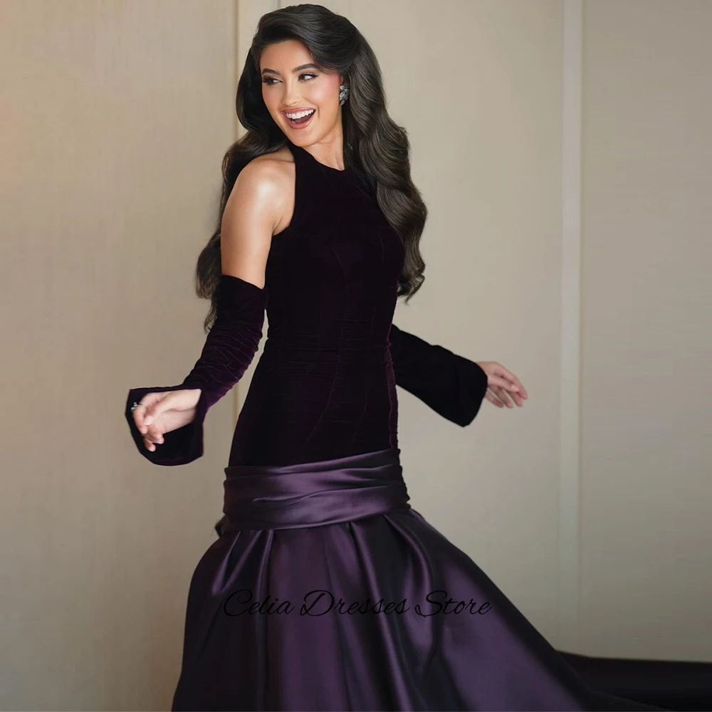 Fioletowa sukienka wieczorowa z weluru i satyny, elegancka, z trenem, sukienka na powrót do szkoły, formalna, syreni krój, kontrastowe kolory, suknia na specjalną okazję.