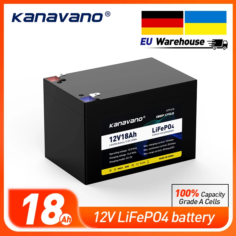 Batteria ricaricabile Kanavano Lifepo4 12V 18Ah per sistemi di accumulo di energia solare Batteria a ciclo profondo con caricatore 2A EU/US