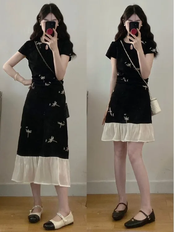 

plus Size High Waist A-Line Skirt Short Sleeve Slimming Design Summer New Style Casual Wear Comfortable Breathable Women's Dress