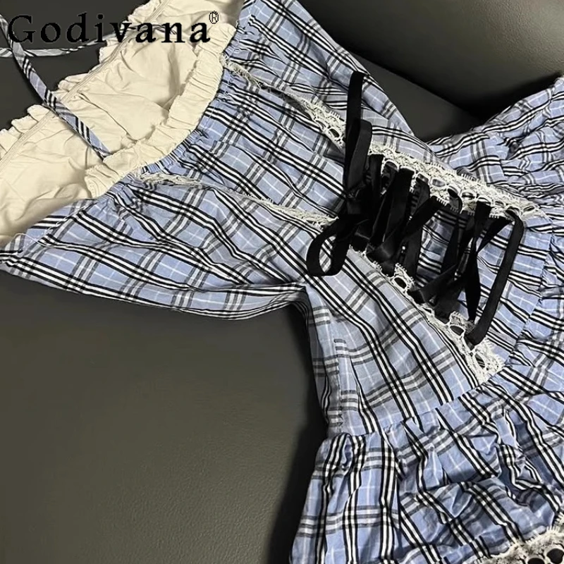 美しい女の子向け和風ドレス、オリジナルレトロ、ユニークなウエストシェイプドレス、女性用スイートブループレイドストラップ、素晴らしいドレス