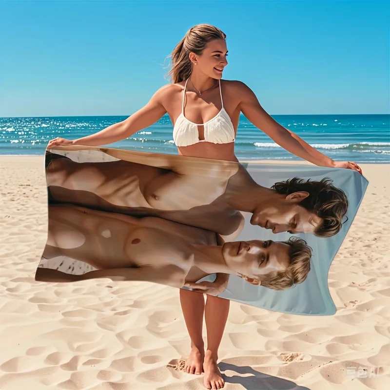 Muscular Men Print Beach Towel, Ultra-Fine Microfiber, Quick-Drying, Machine Washable, Ideal for Yoga Swimming Beach Camping