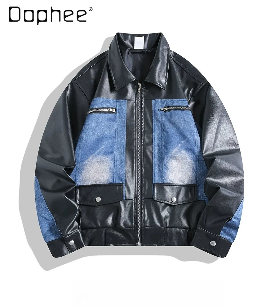 

2026 Spring Autumn American Street Style Men's Black Blue PU Leather Denim Patchwork Loose Casual Collar Zipper Jacket
