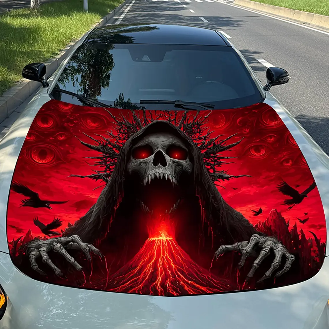 Evil Giant Skull Car Vinyl Wrap, PVC Waterproof Car Hood Sticker, Self-Adhesive Scratch-Resistant Stickers For Engine Cover, Car