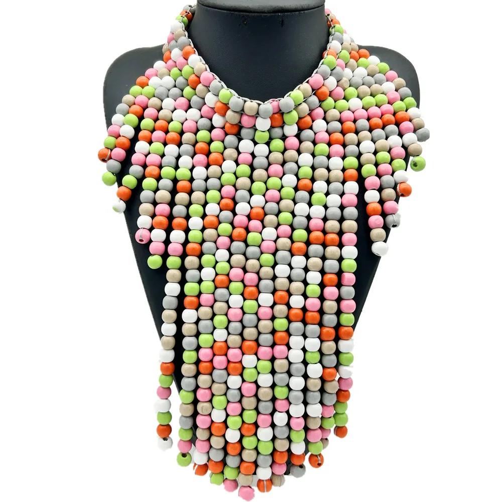 North American black wood bead long necklace multi-layer fringed exaggerated jewelry Amazon Source Wood necklace
