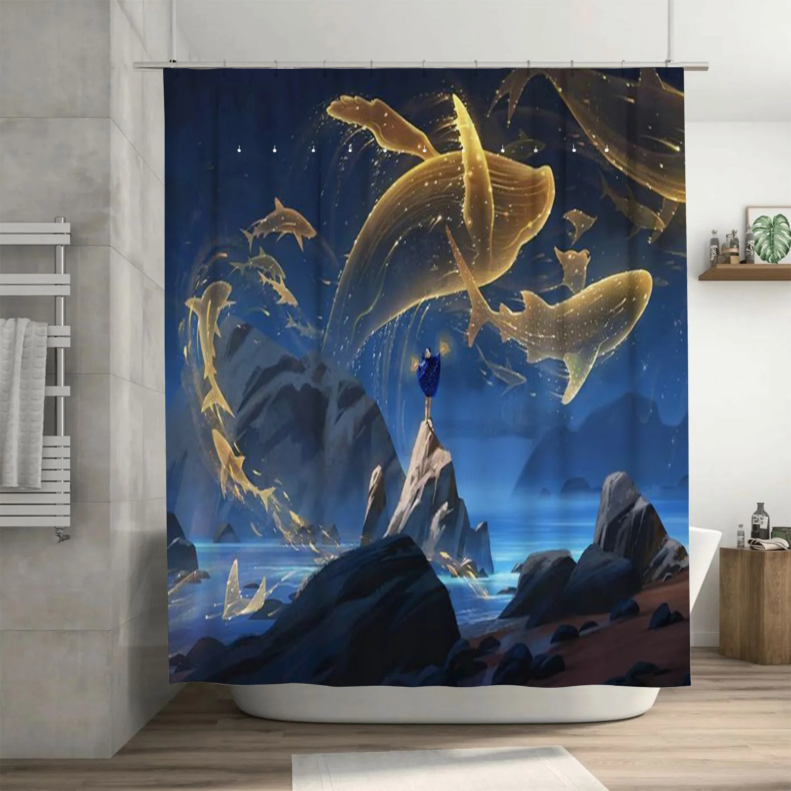 

Fantasy Golden Fish and Mountains Design Waterproof Shower Curtain Heat Resistant Machine Washable Non-Transparent 180x180cm