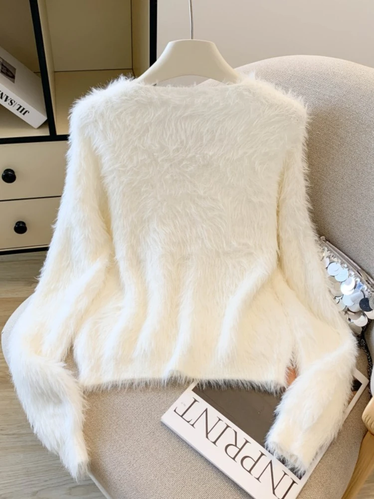 Français Vintage élégant Chic tricot doux pull gilet femmes ample col en v nœud Chic hauts décontracté mode bureau dame pulls en peluche