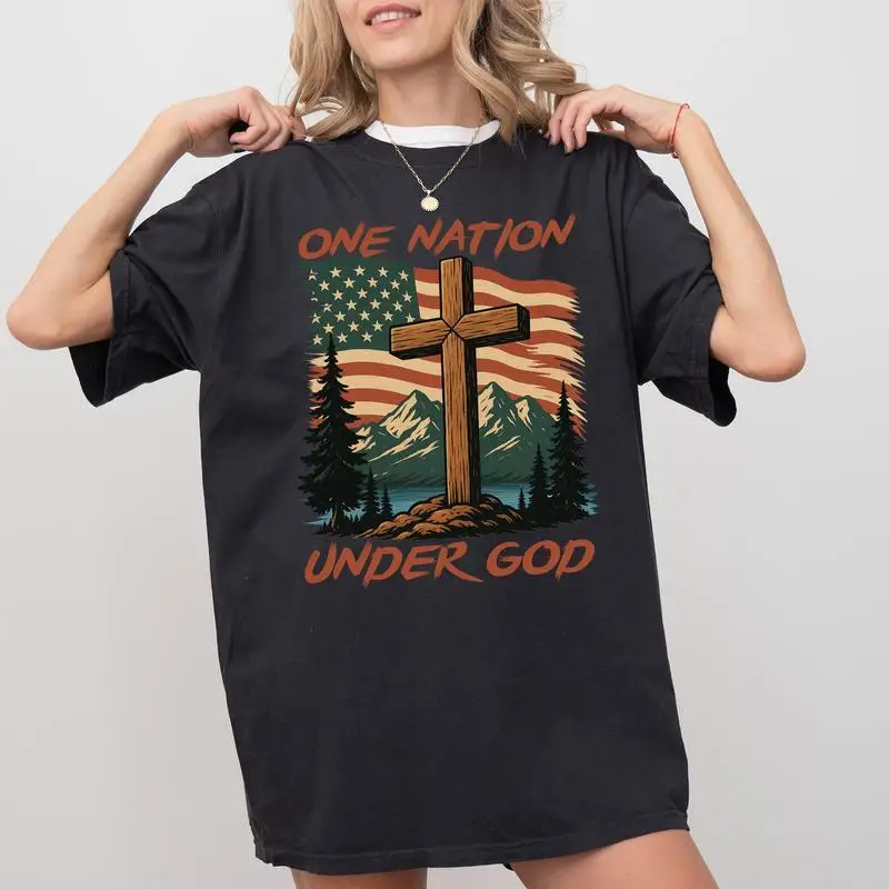 

Рубашка One Nation Under God, футболка 4 июля, футболка с христианским рисунком в стиле ретро, одежда с американским флагом, рубашка ко Дню независимости