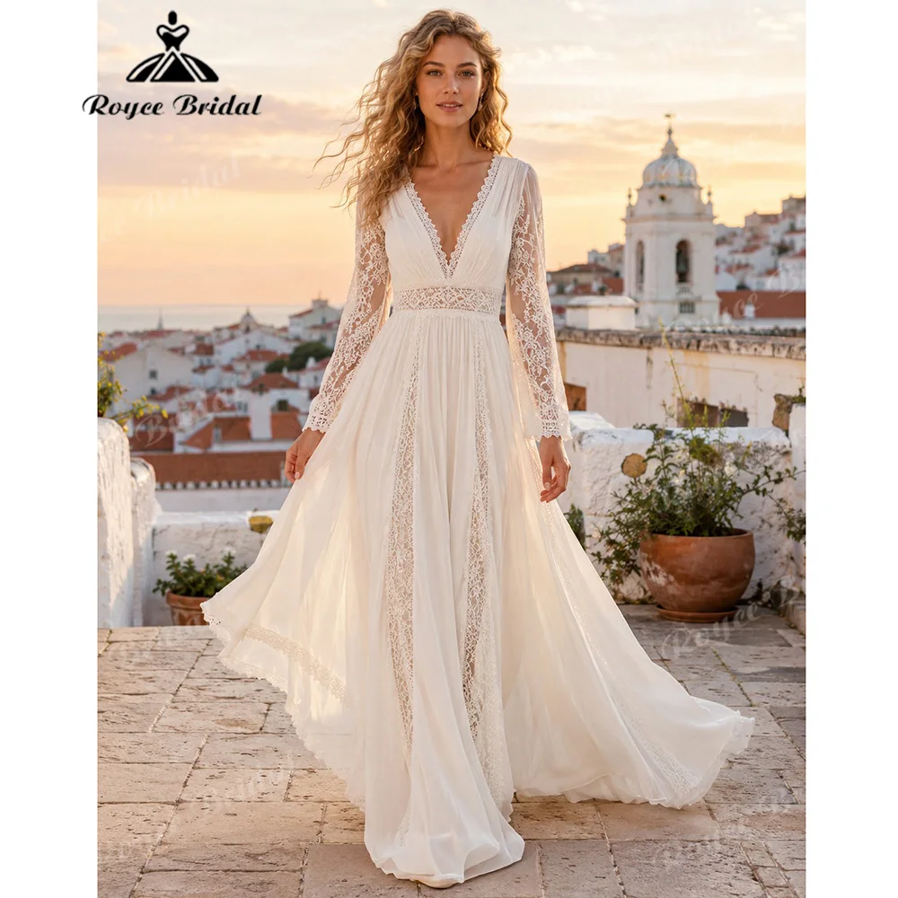 Boho Long Sleeve A Line Wedding Dress Deep V Neck Chiffon Crochet Lace Trim High Waist Vestido De Novia Sweep Train Customized