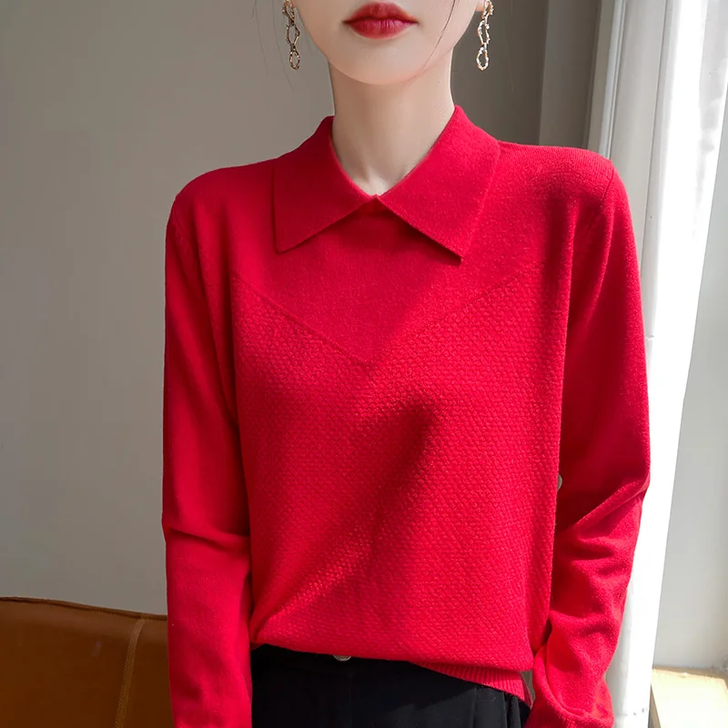 Autumn and winter new 100% pure wool women\'s polo neck solid color long sleeve sweater casual loose knit cashmere sweater.