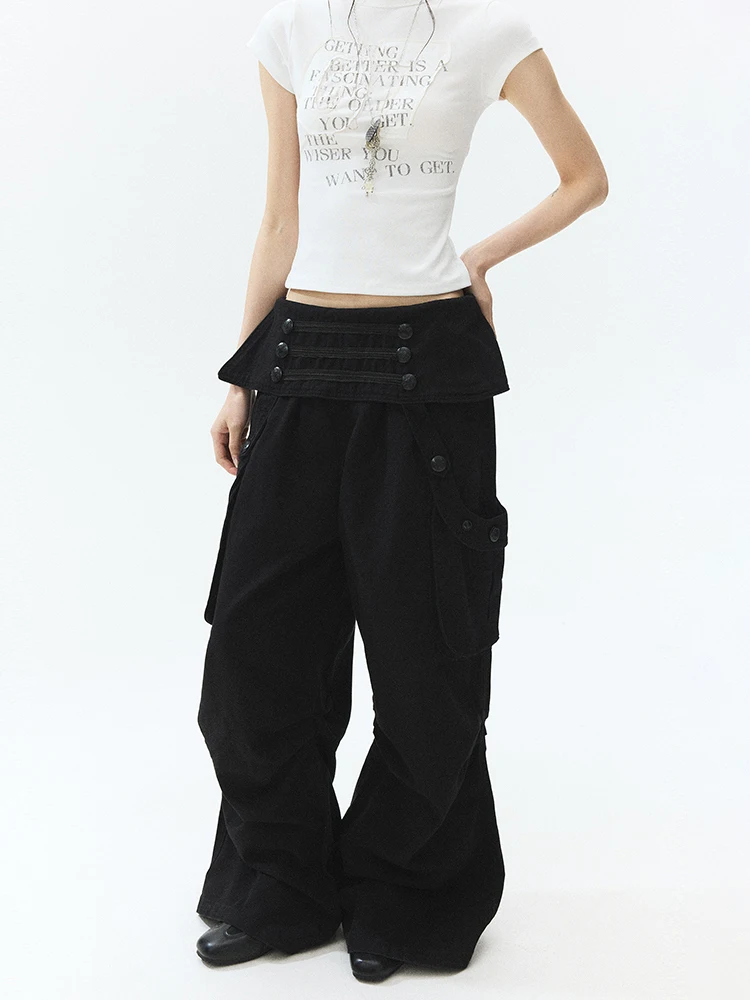 REDDACHiC Grunge Black Cargo Pants Women Grunge Big Pockets Buttons Cleanfit Fold Over Waist Baggy Pants Napoleon Streetwear