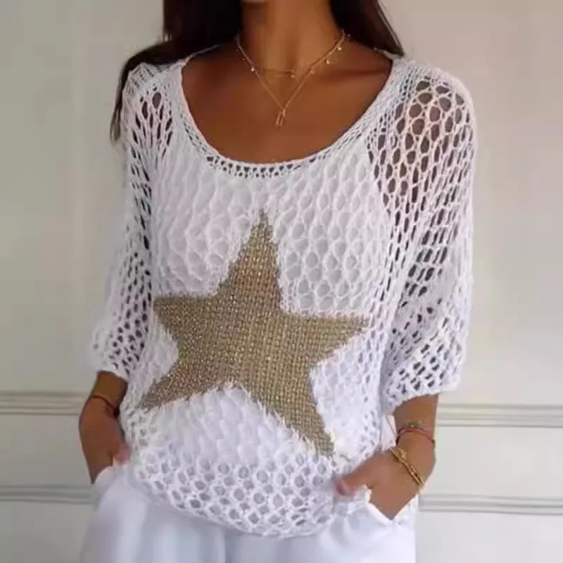 Fashion Women Star Pattern Mesh Sleeves Hollow Out Fishnet Knit Beach Cover-Up Pullovers Five-Star Round Neck Hollow Crochet Top
