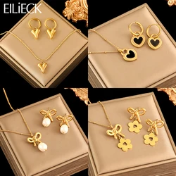 EILIECK 316L Stainless Steel Heart Flower Pearl Necklace Earrings Set For Women Fashion Jewelry Set Waterproof Bijoux Femme