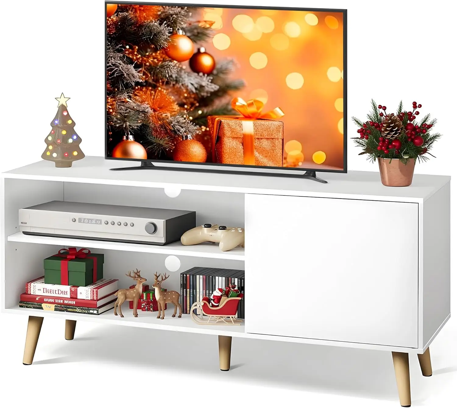 Mid-Century TV Stand for 55 Inch TVs, Entertainment Center with Storage Cabinet, White Console for Living Room