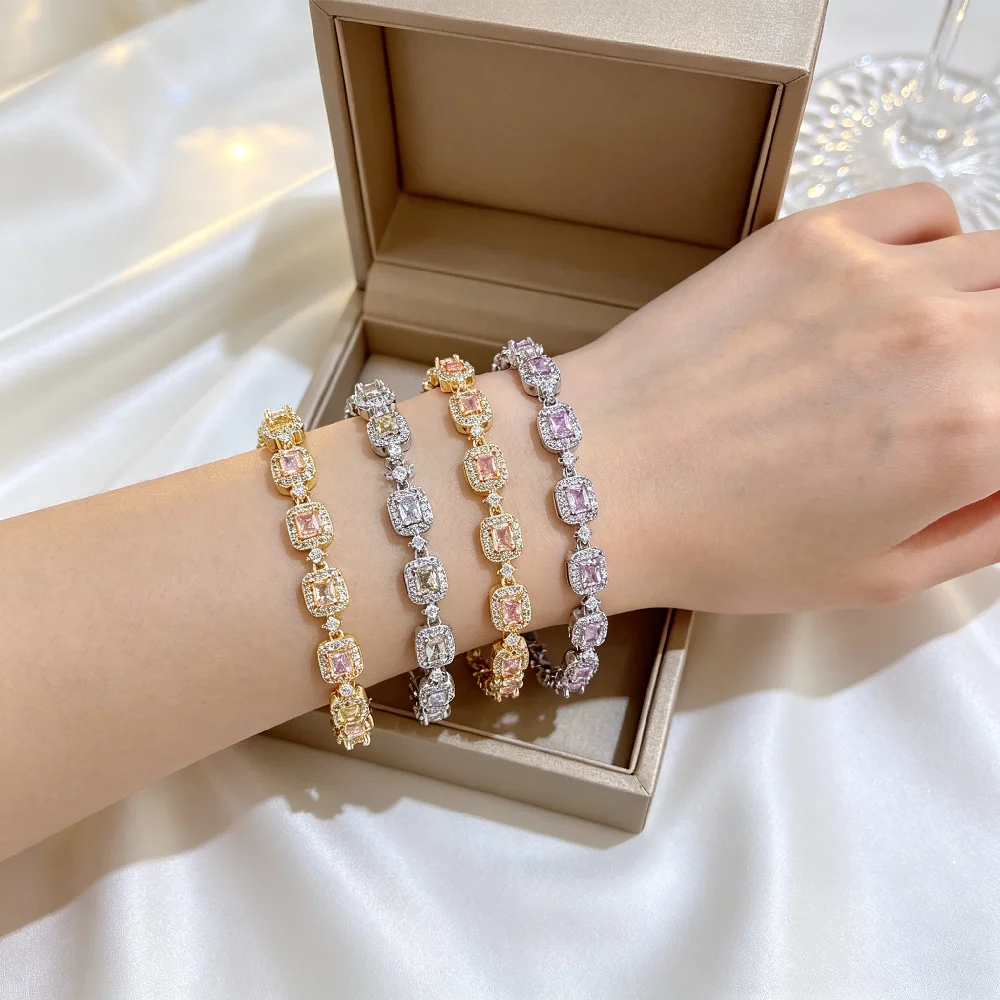 Greatera Marken-Armband für Damen aus Kupfer, zierliche, bunte Zirkon-Handkette, Party-Luxus, romantischer, wasserdichter Schmuck – Detail 3