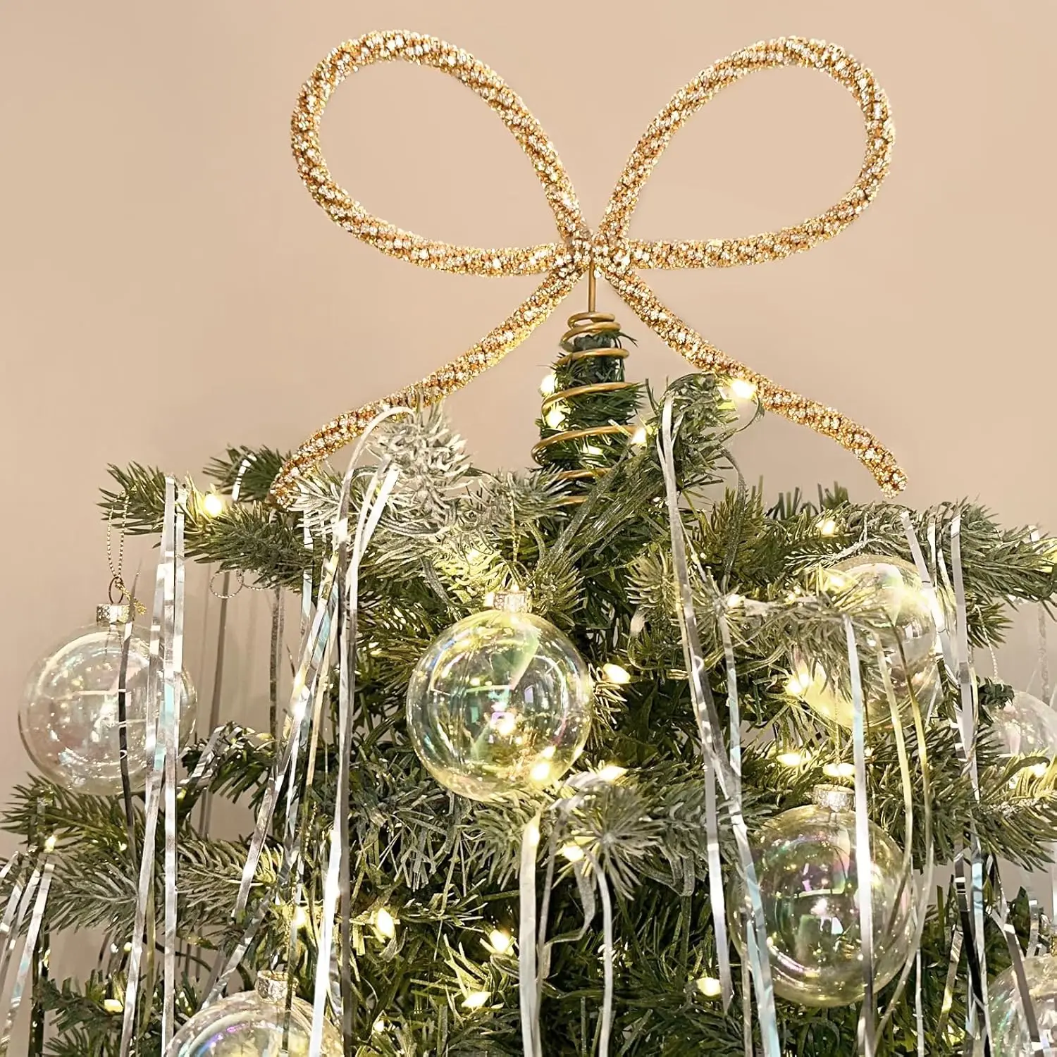 

Christmas Golden Glass Rhinestone Bow Tree Top Decoration For Indoor Outdoor Home Party Decorations Sparkling Festive Accessory