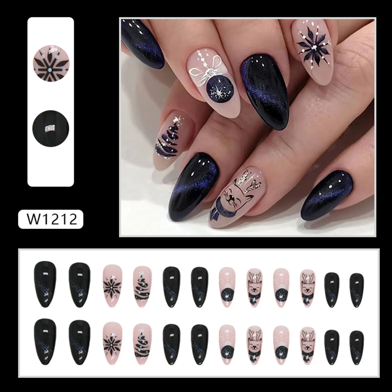 Press-on Nail Christmas Theme Dark Purple Glitters Fake Nail Christmas Tree Print for Hand Decoration Nail Art