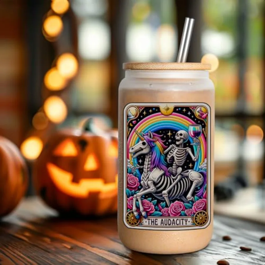 the Audacity Iced Coffee Cups Cute Goth 16 oz Frosted Glass Tumbler w Lid Straw Gothic Skull Cup Spooky Skeleton Glass Tumbler