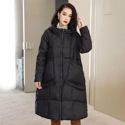 New Women Down Jacket Winter Coat Female Mid Length Version Parkas Loose Large Size Thick Outwear Hooded Slim Fit Overcoat