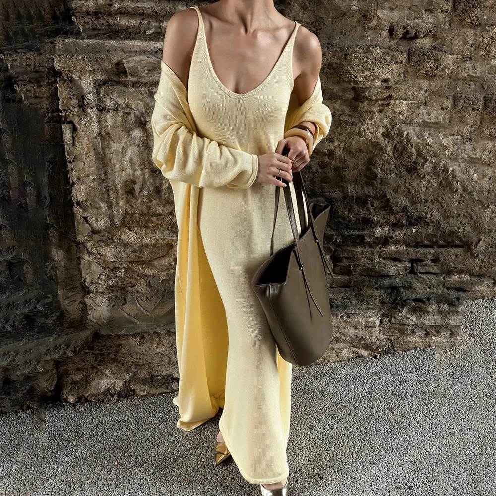 

Женское длинное платье, комплект из 2 предметов, однотонное вязаное платье на тонких бретельках, кардиган с длинными рукавами, повседневный модный женский комплект платьев