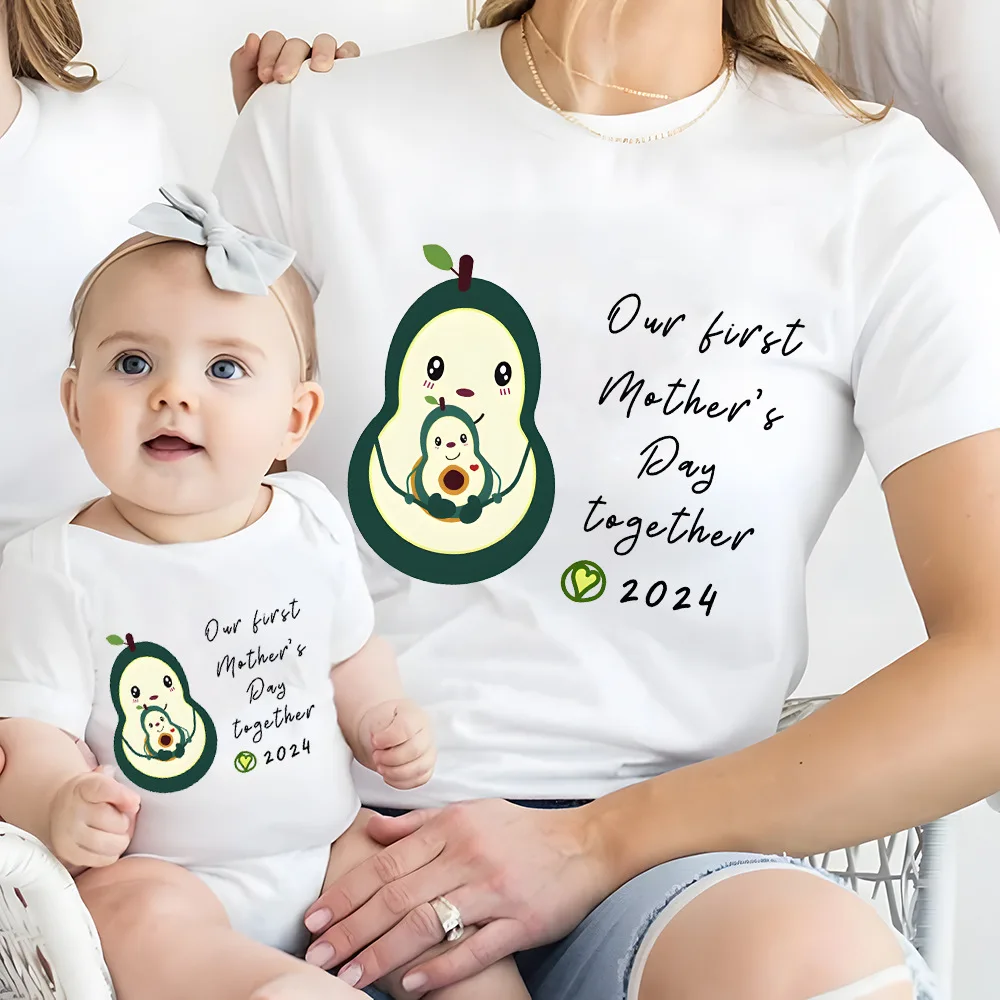 

Our First Mother's Day Together Family Outfits Avocado Printing Family Matching Outfit Casual Baby and Mom Set Mothers Day Gift