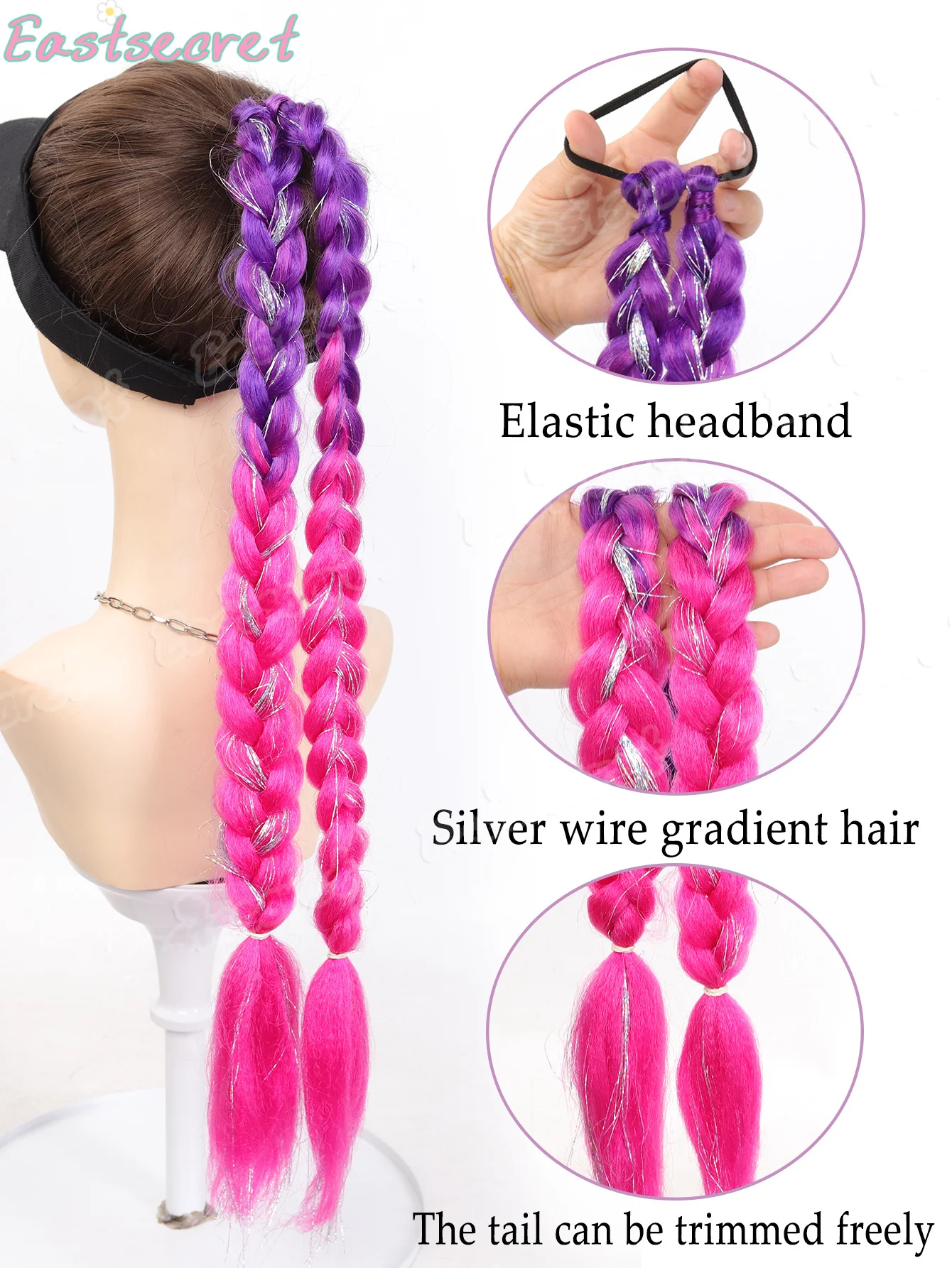EAST Braided Purple Hair Ponytail with Tinsel Hair Synthetic Wig Super Extensions Shiny Tinsel Hair for Kids Christmas Cosplay
