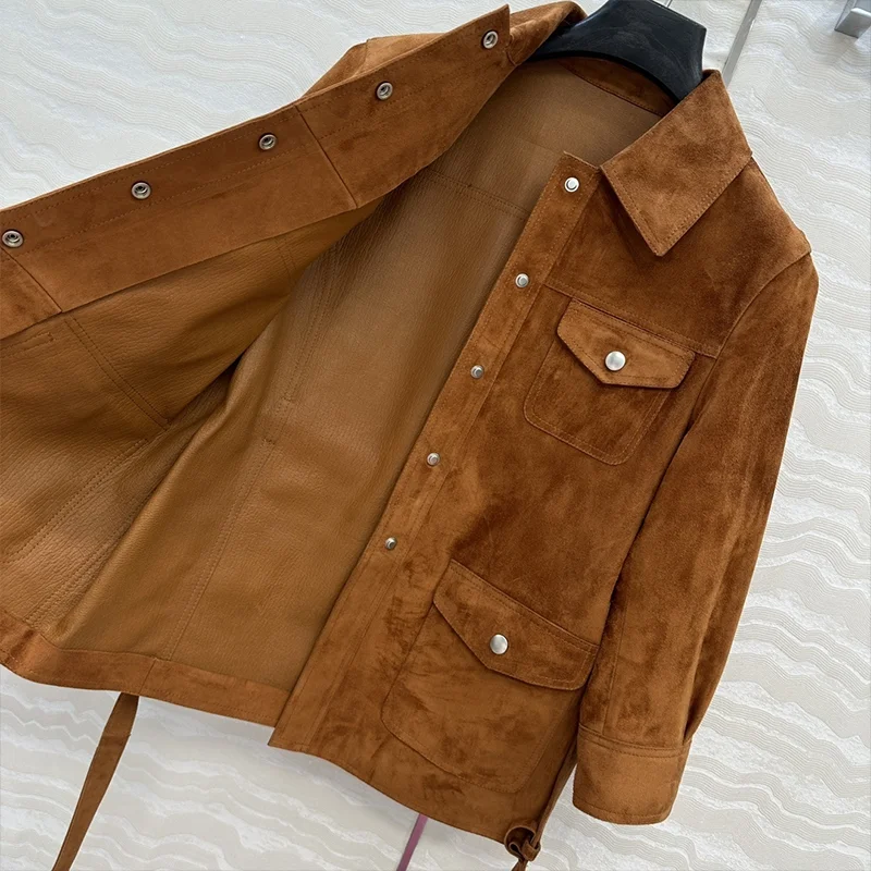 Abrigo de mujer de alta calidad, forro de piel de cabra de piel de ante, bolsillo cargo con cinturón en la cintura, chaqueta de ropa de marca de lujo 25923124