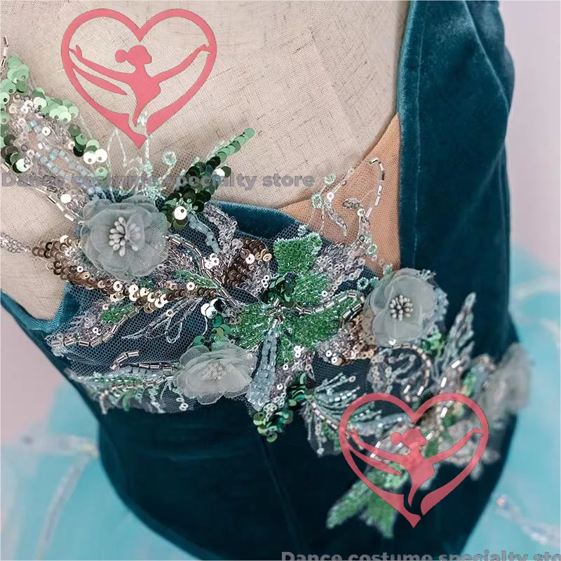 Forest Secret Velvet Turquoise Embroidered Ballet Dress Custom Performance Dress