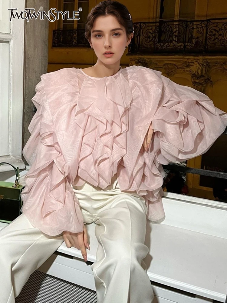 TWOTWINSTYLE elegancka, patchworkowa falbana szyfonowa bluzka damska O Neck latarnia z długim rękawem luźna koszula odzież damska moda