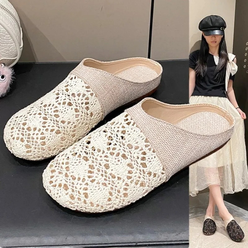 Women's Mules Flats Round Toe Slip on Intricate Lace Crochet Upper Woven Texture Casual Summer Daily Wear Flat Walking Shoes
