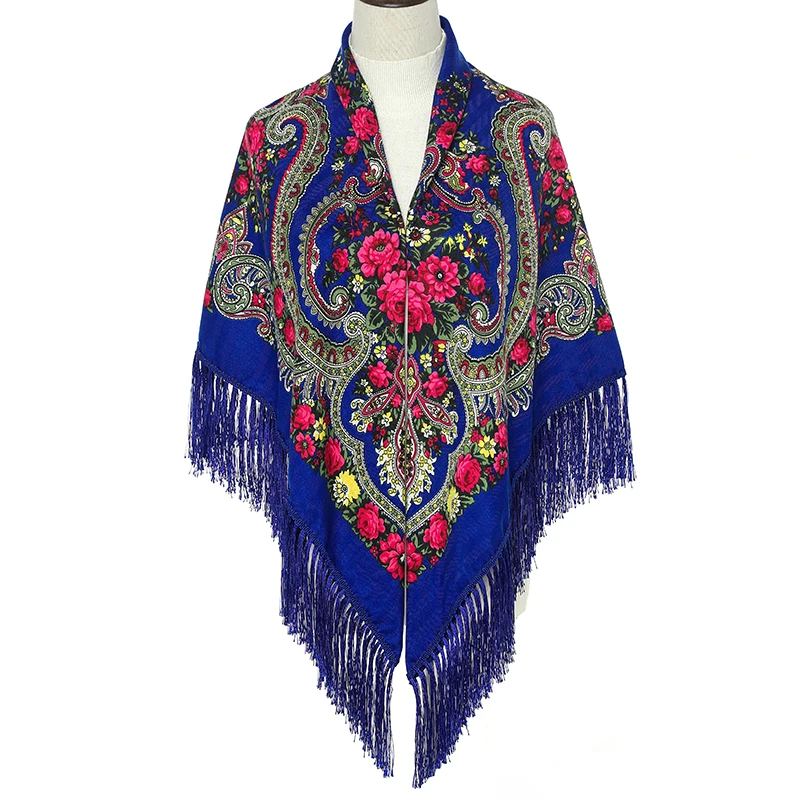 51*51in Women Scarf Square Shawl Retro Fringed Cotton Print Scarves Hijab Wraps Russian Ukrainian embroidery Cape Bandana