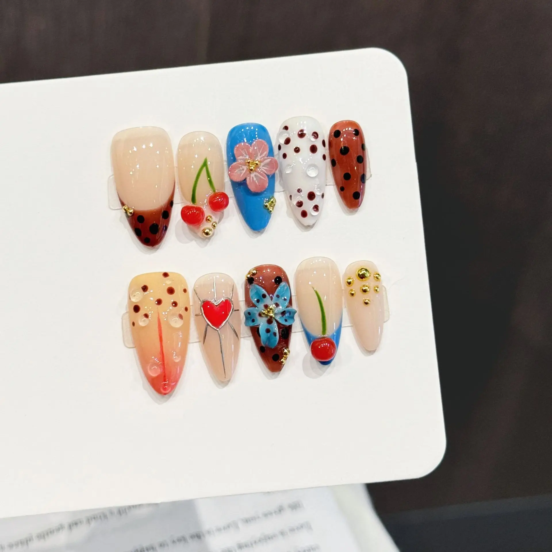10 PCS Luxury Handmade Press on Nails Middle Almond Contrast cherry Design with 3-PIECE Tool Adhesive Nail Glue Tabs