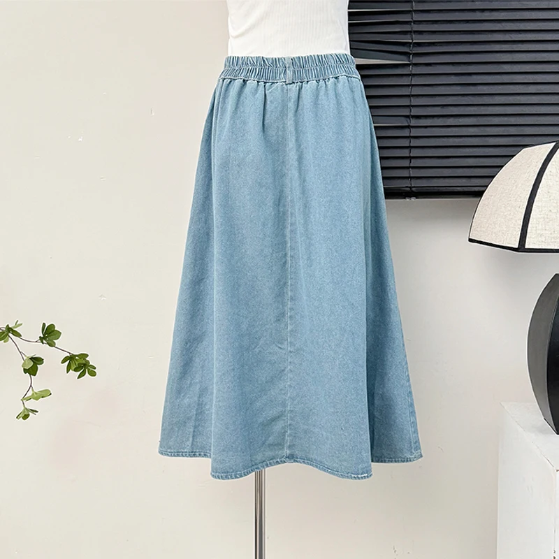 Fashion Single-breasted Loose Denim Half Skirt for Women's Summer Design Pocket Elastic High Waist A-line Large Swing Skirts