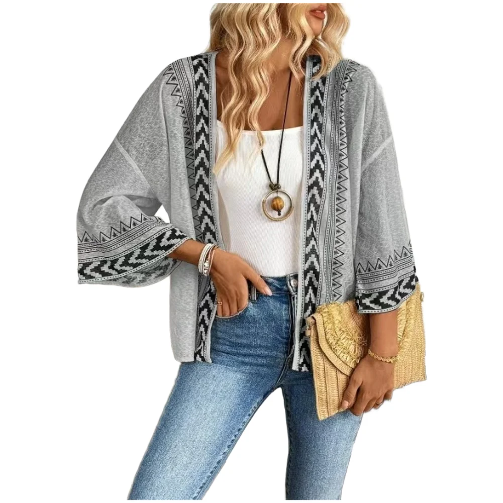 Summer Knit Cardigan for Women Elegant V Neck Long Sleeve Bell Sleeve Top with 3D Printed Pattern Regenerated Cellulose Fiber