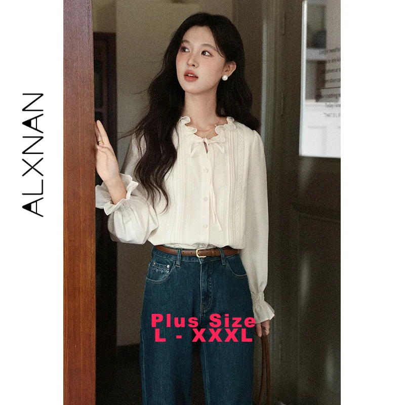 

ALXNAN Plus Size Shirt White Wood Ear Chic Button-down Ruffled Laces Puff Sleeve Women's Blouses Elegant Long Sleeve Tops D13119