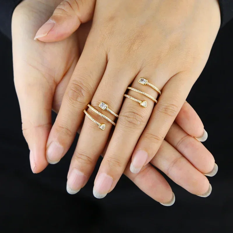 Gold Plated Heart Rectangle Cubic Zirconia Full Finger Wrap Ring For Women