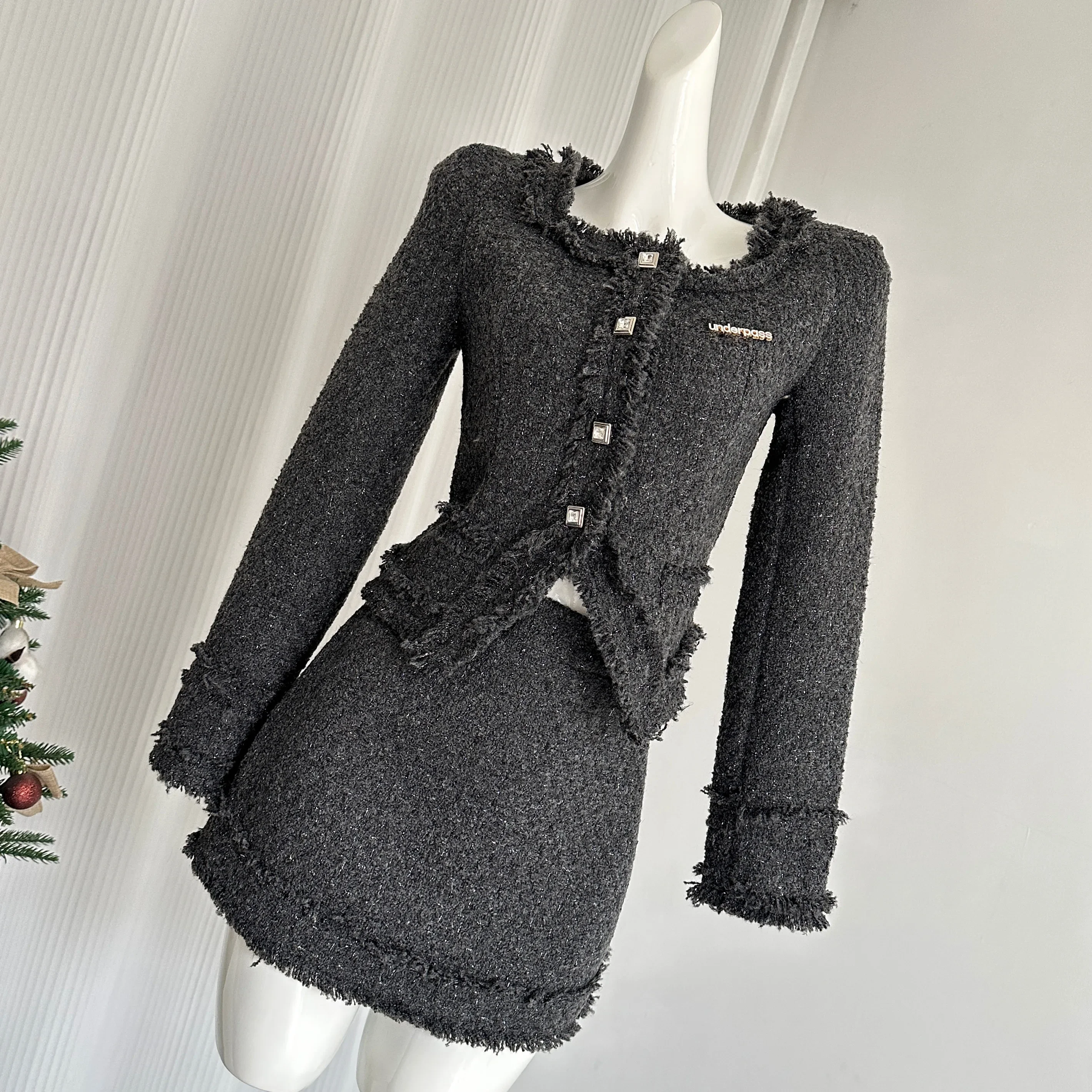 Original Grey Chaebol Elegant Square Collar Waist Raw Edge Coat Skirt Two Sets Slim Fit Conjuntos Feminino Elegante