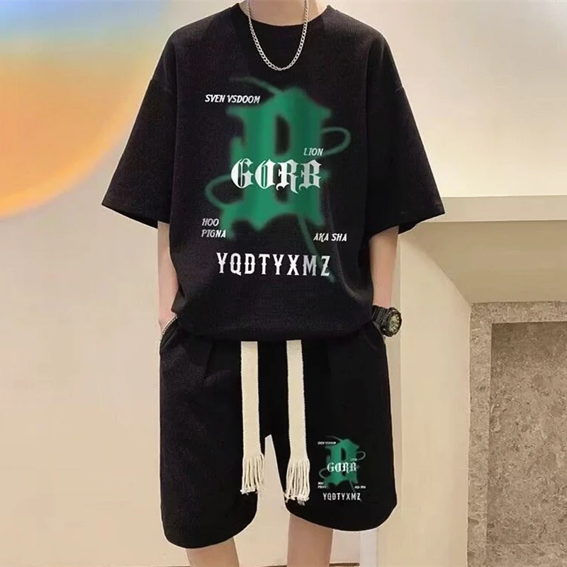 Hip Hop Men Y2K Graphic Shirts and Shorts Two Piece Sets Waffle Cotton Harajuku Street Fashion Tracksuits Oversized Loose Casual