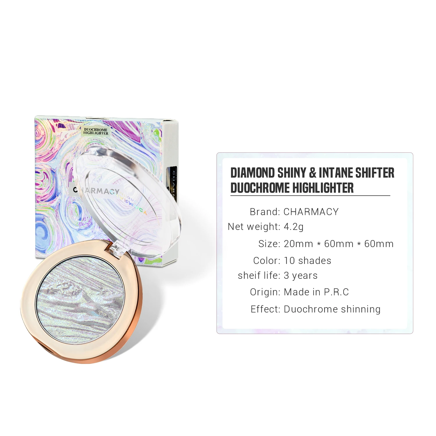 CHARMACY Duochrome Glitter Highlighter Powder 3D Contour Shiny Fairy Illuminate High Light Longlasting Easy to Wear Face Makeup