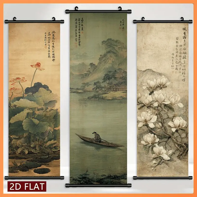 VIKAMA Classical Lotus Pond Wall Tapestry Boat Fisherman Yulan Magnolia Chinese Scroll Art Home Decor Retro Style Soft Durable