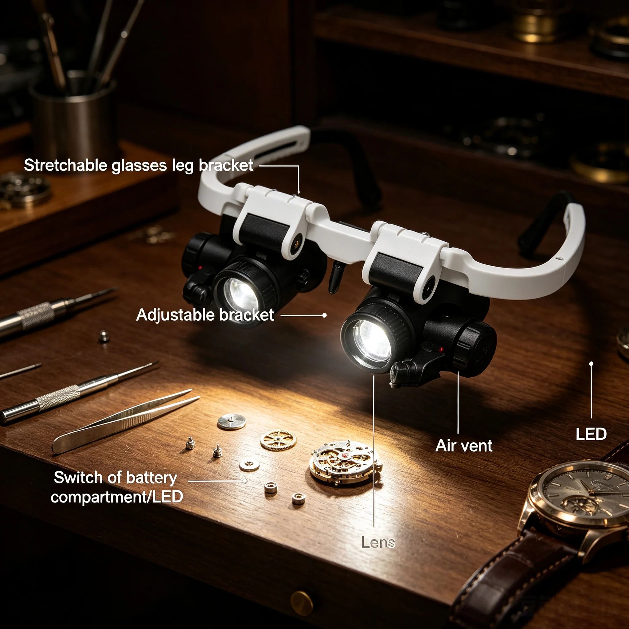 Head‑Mounted Adjustable Headband Magnifying Glasses with LED Light, 2X, 8X,15X,23X Lenses Magnifier Loupe for Watch and Jeweler