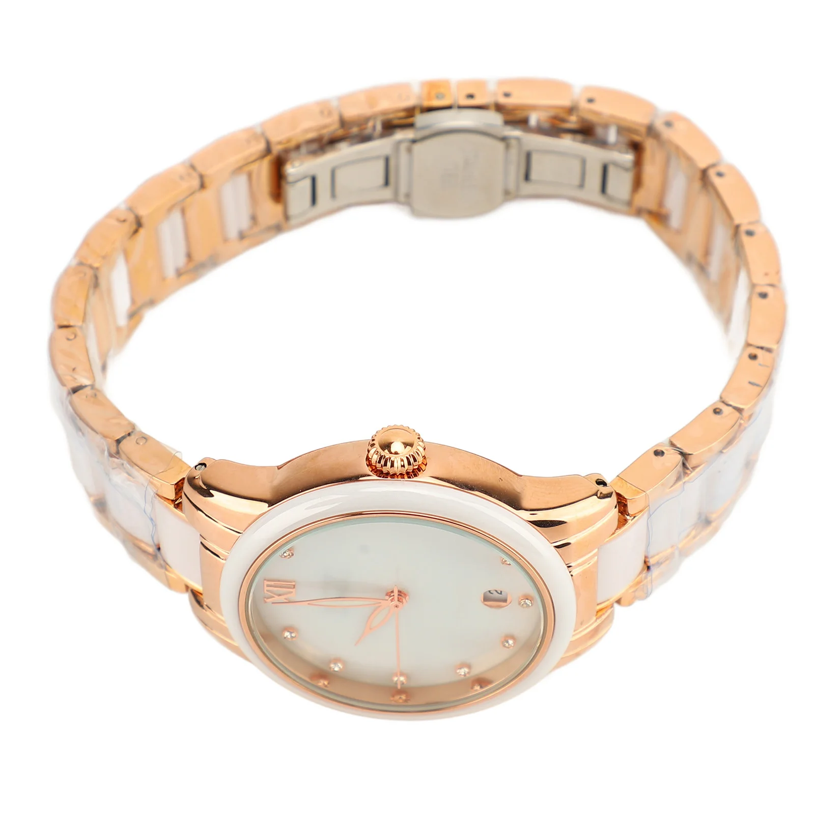 Women Quartz Watch Rhinestone Decoration Ceramic Stainless Steel Band Water Resistant Wrist Watch with Date Rose Gold