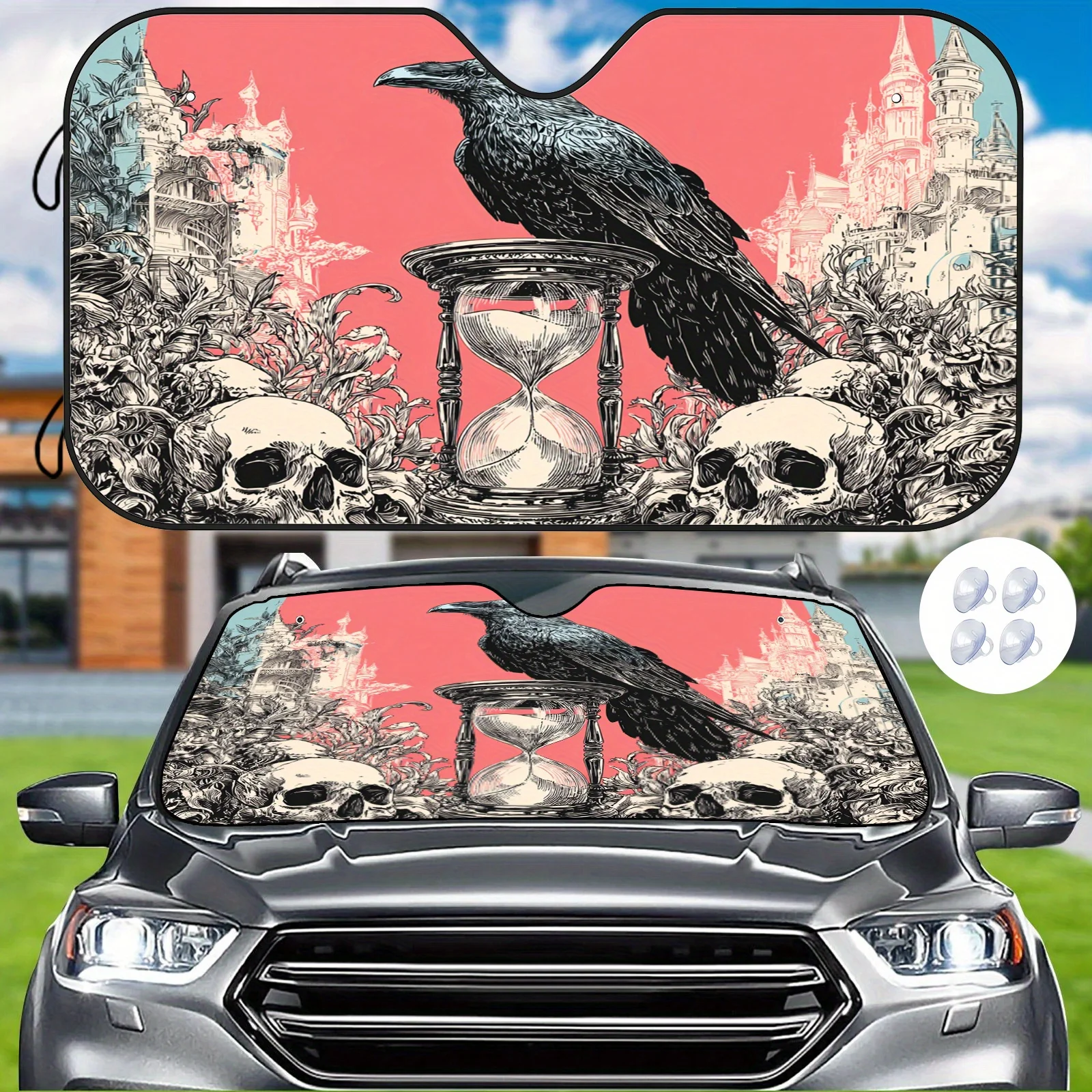 A Gothic Castle Raven Hourglass Car Sunshade, Featuring A Dark Fantasy Style, Provides Heat Insulation To Keep The Interior Cool