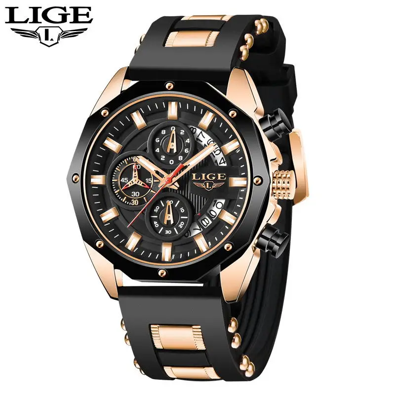 Lige mode herren uhren top marke luxus silikon sport uhr herren quarz datum uhr wasserdicht armbanduhr chronograph uhr mann